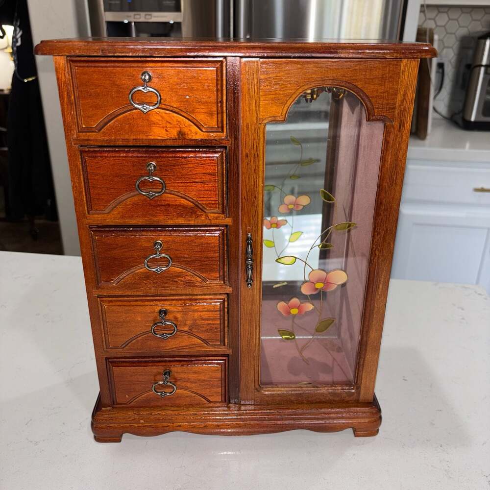 Vintage Solid Wood 5-Drawer Jewelry Armoire with Floral Painted Glass Door